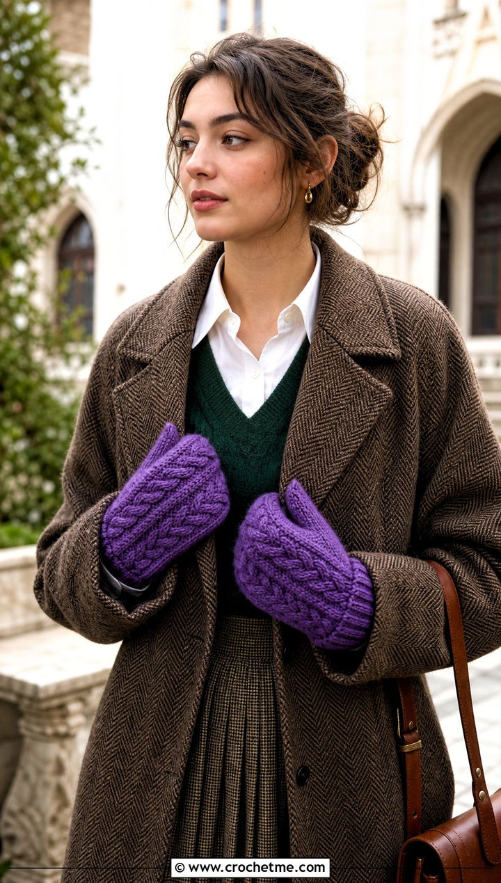 Cable Crochet Mittens With Sweater Vest - 15 vintage crochet mitten outfit ideas