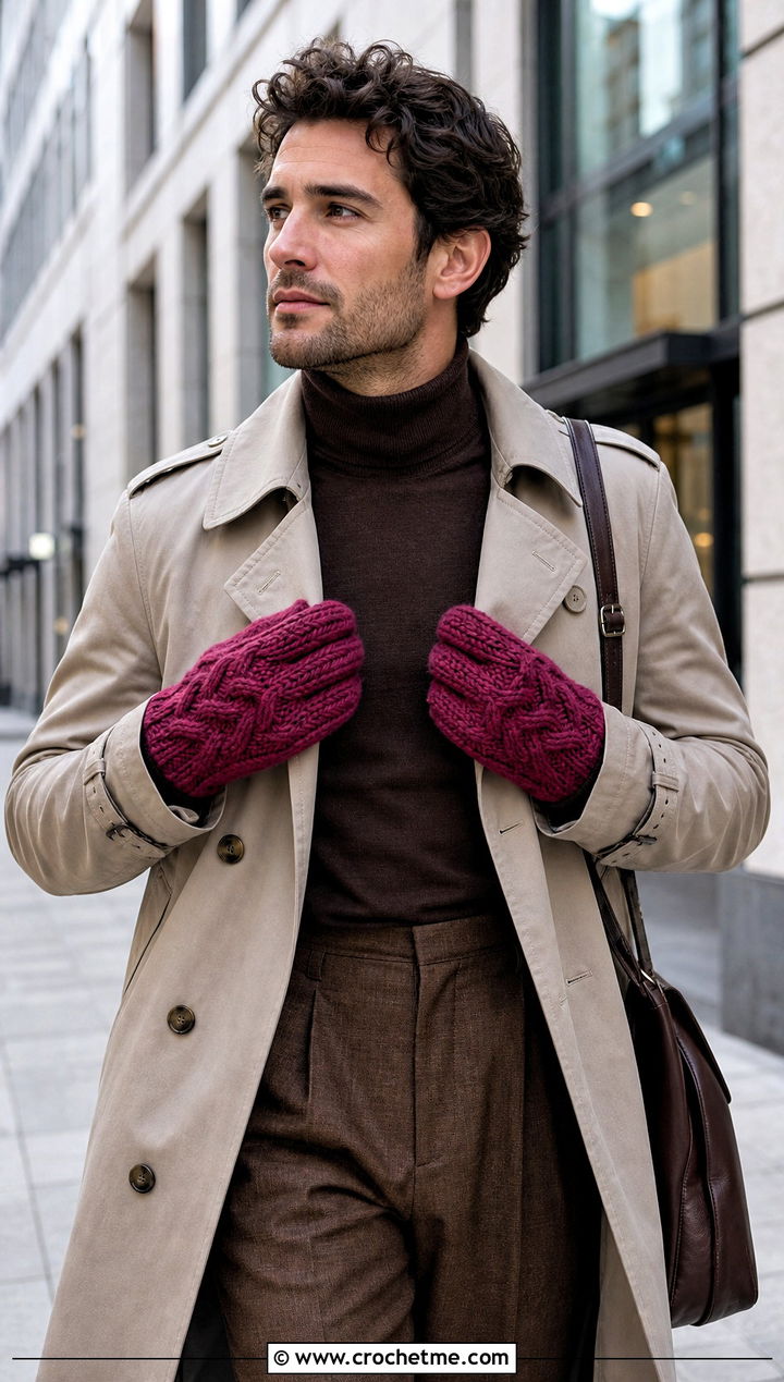 Cable Crochet Mittens With Turtleneck And Trench Coat - 25 Crochet Mens Mittens outfit ideas