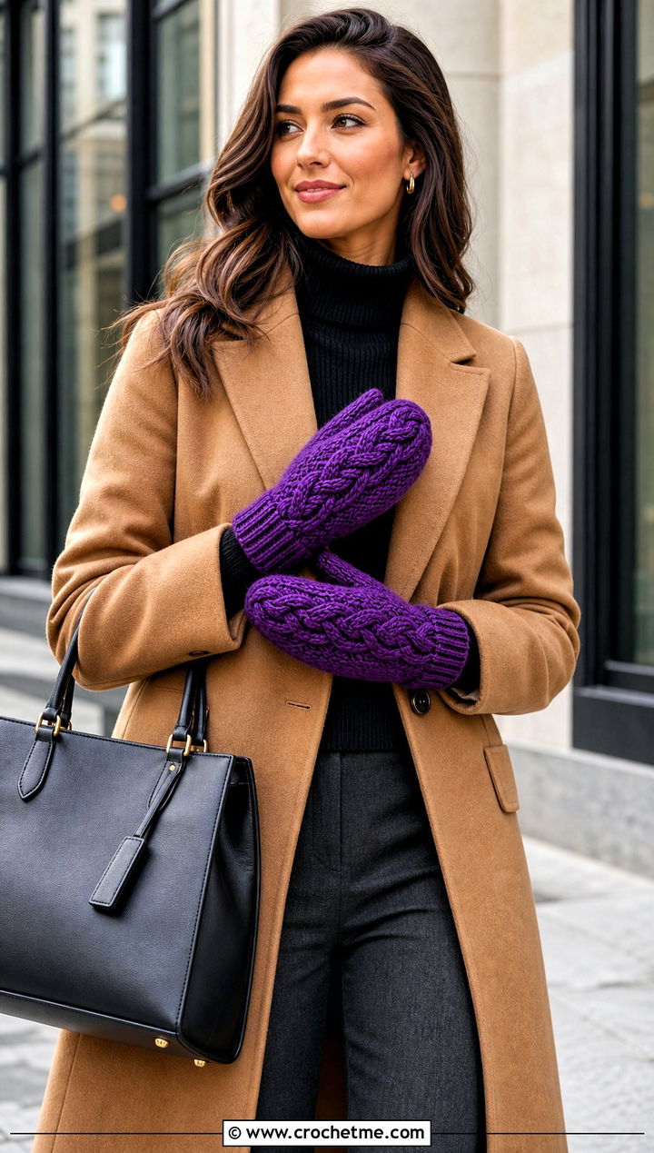 Cable Crochet Mittens With Wool Coat - 25 cute crochet mittens outfit ideas