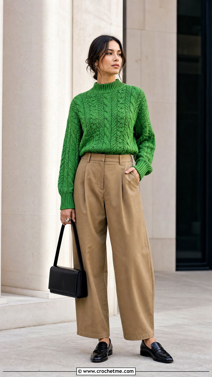 Cable Crochet Mock Neck Sweater With Barrel Leg Pants - 35 cable crochet sweater outfit ideas