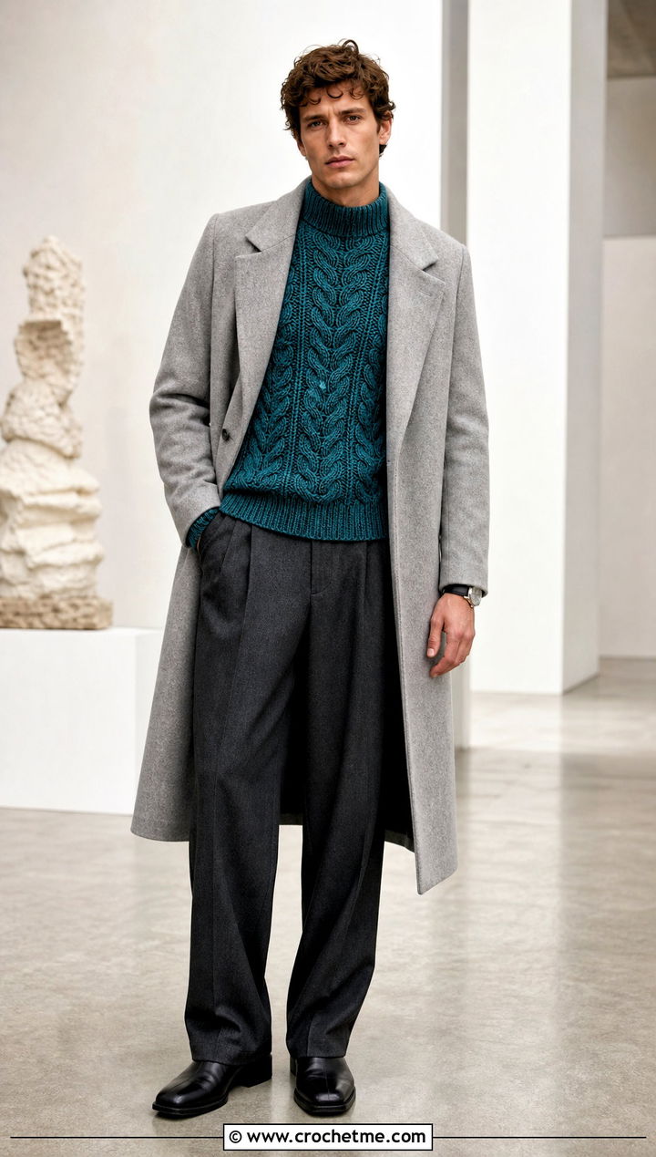 Cable Crochet Mock Neck Sweater With Pleated Trousers - 15 Mens Cable Crochet Sweater outfit ideas