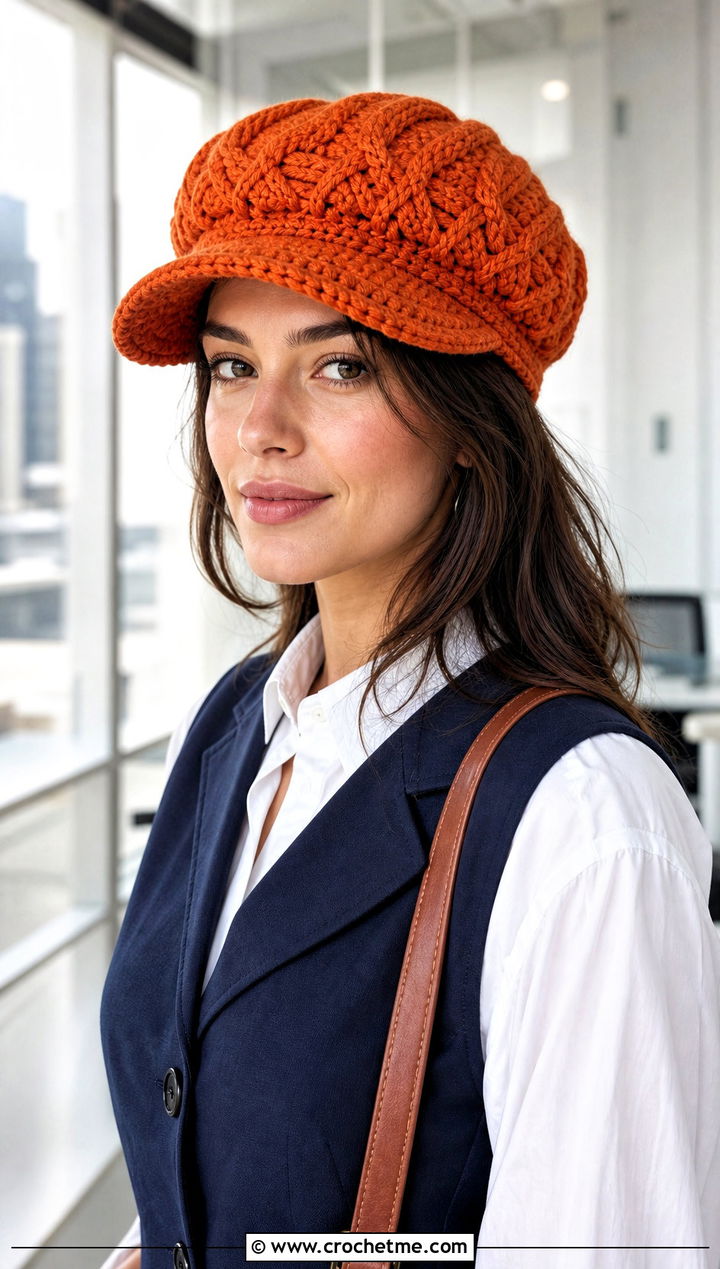 Cable Crochet Newsboy Cap With Trouser Vest - 25 Cable Knit Crochet Hat outfit ideas