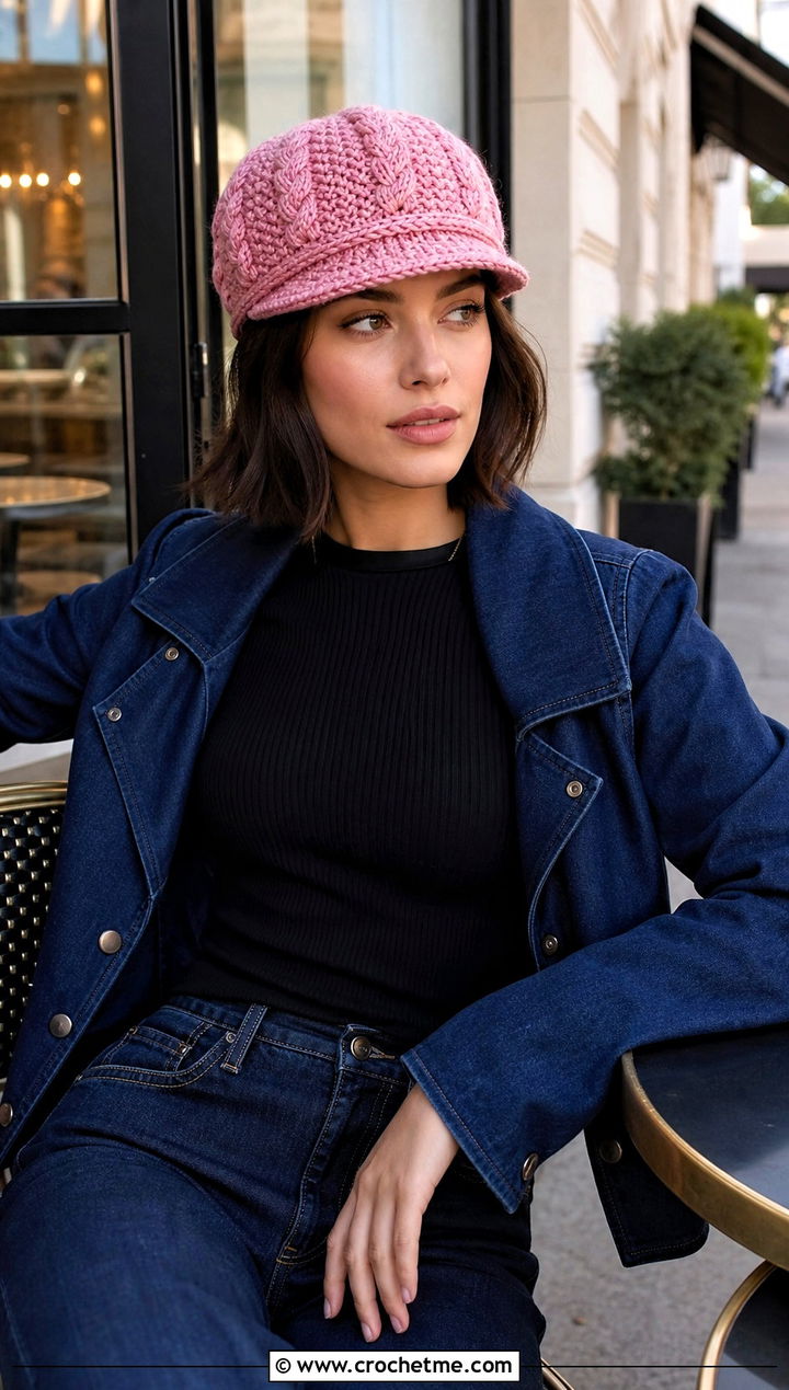 Cable Crochet Newsboy Hat With Wide Leg Jeans - 25 Cable Crochet Hat outfit ideas