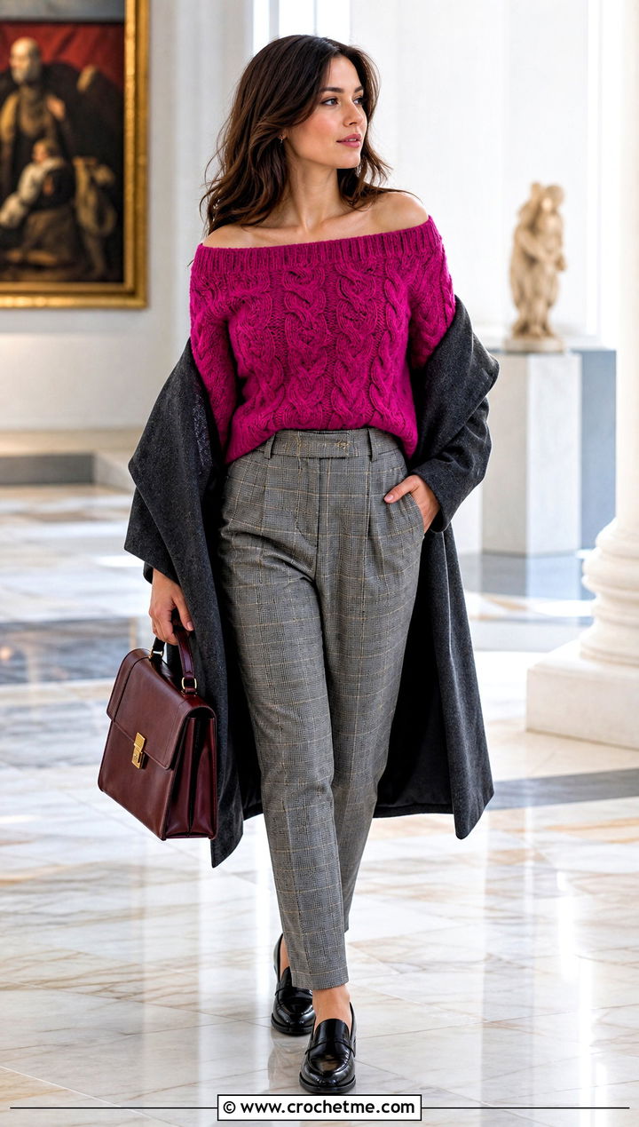 Cable Crochet Off Shoulder Sweater With Plaid Trousers - 35 off shoulder crochet sweater outfit ideas
