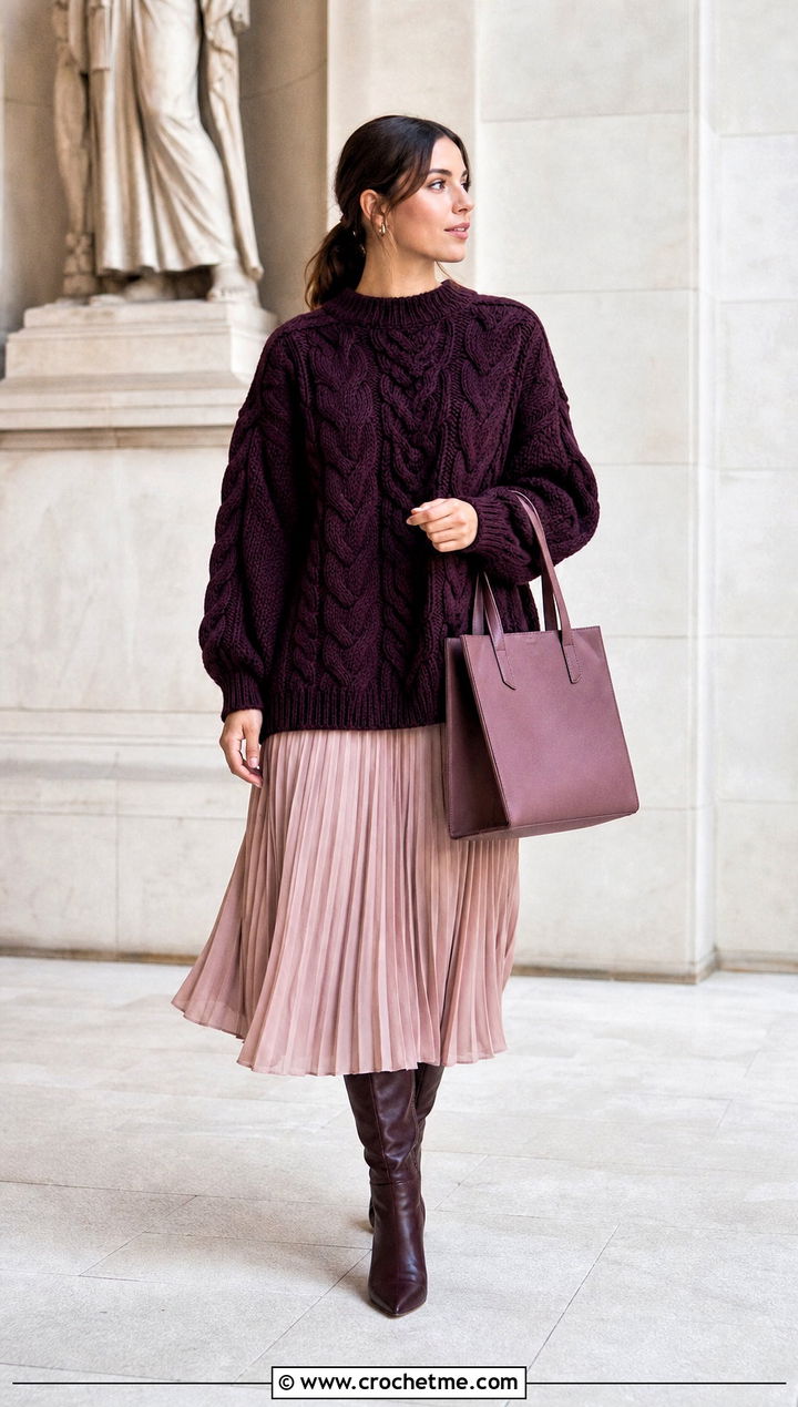 Cable Crochet Oversized Sweater With Pleated Midi Skirt - 20 Easy Crochet Oversized Sweater outfit ideas