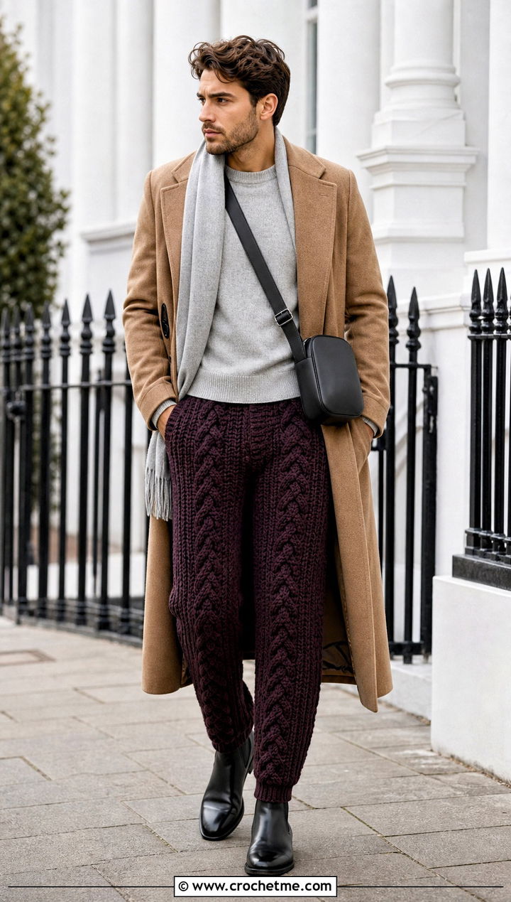 Cable Crochet Pants With Wool Overcoat - 30 mens crochet pants outfit ideas