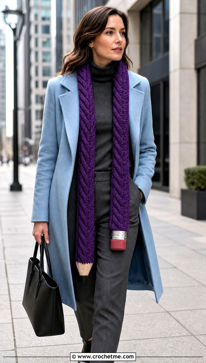 Cable Crochet Pencil Scarf With Wool Coat - 25 Crochet Pencil Scarf outfit ideas