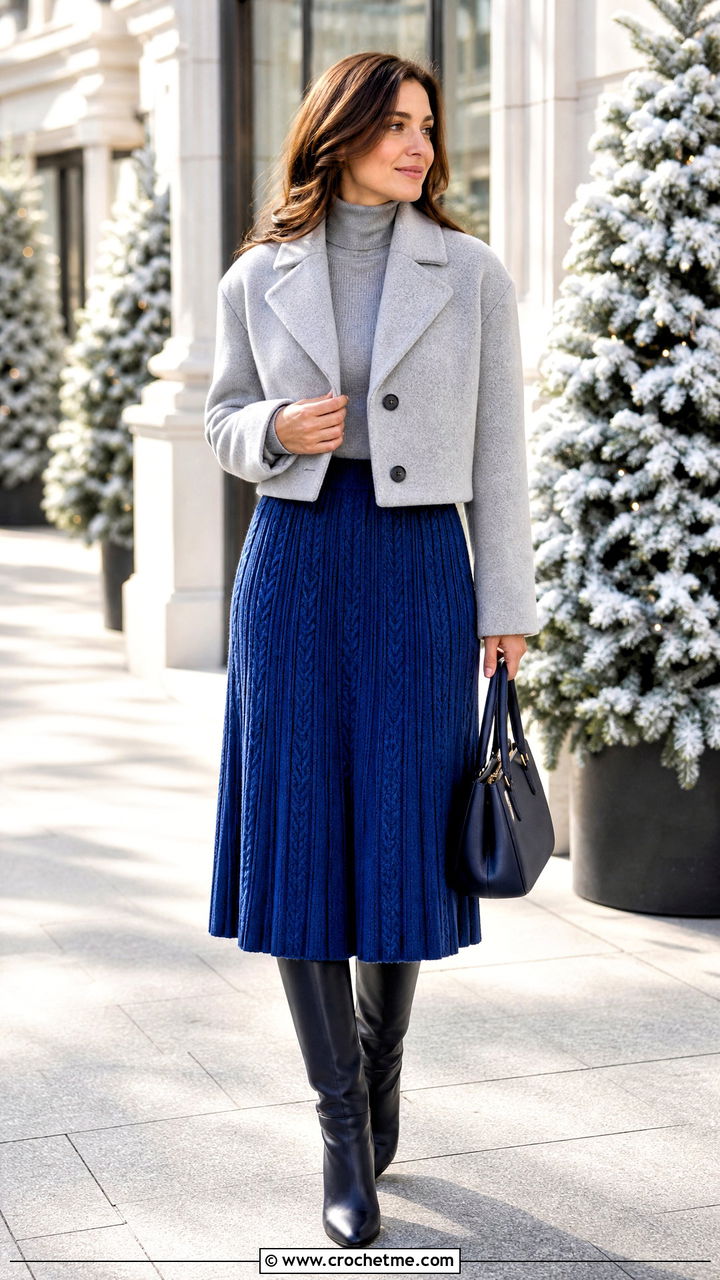 Cable Crochet Pleated Skirt With Turtleneck Sweater - 35 crochet pleated skirt outfit ideas
