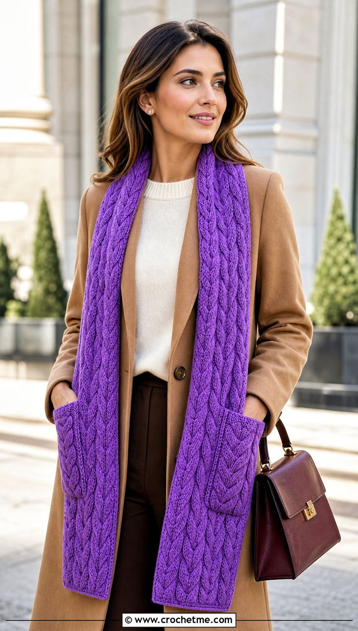 Cable Crochet Pocket Scarf With Wool Coat - 15 Crochet Scarf With Hand Pockets outfit ideas