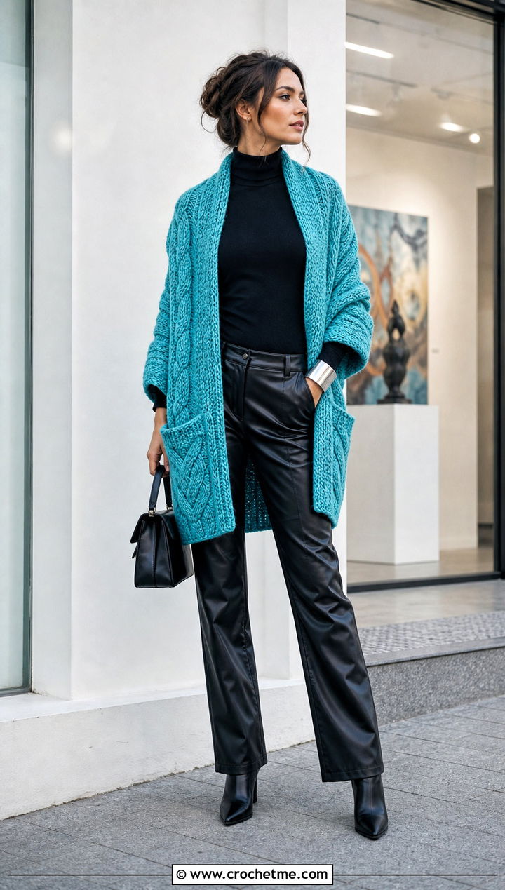 Cable Crochet Pocket Shawl With Leather Pants - 25 Easy Crochet Shawl With Pockets outfit ideas