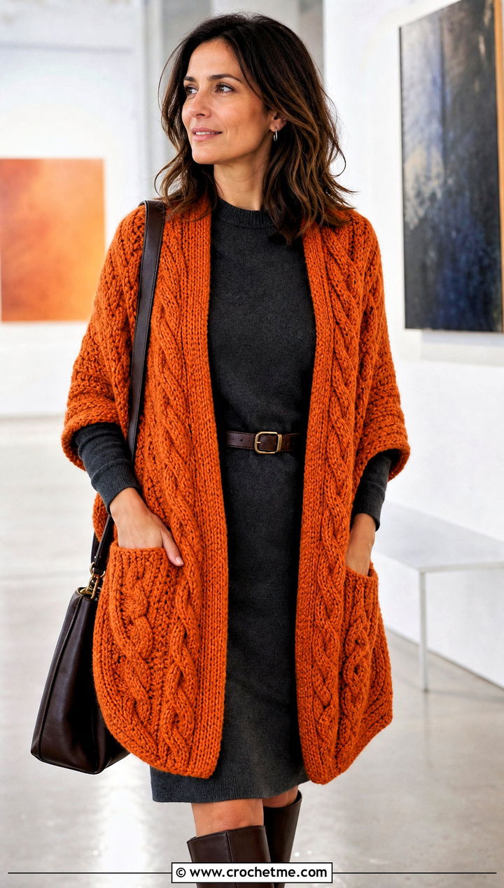 Cable Crochet Pocket Shawl With Sweater Dress - 25 Crochet Pocket Scarf Shawl outfit ideas