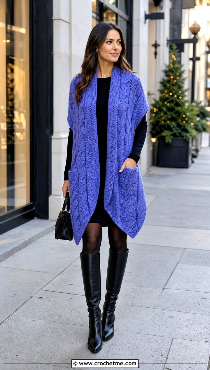 Cable Crochet Pocket Wrap With Mini Dress And Boots - 25 Crochet Pocket Wrap outfit ideas
