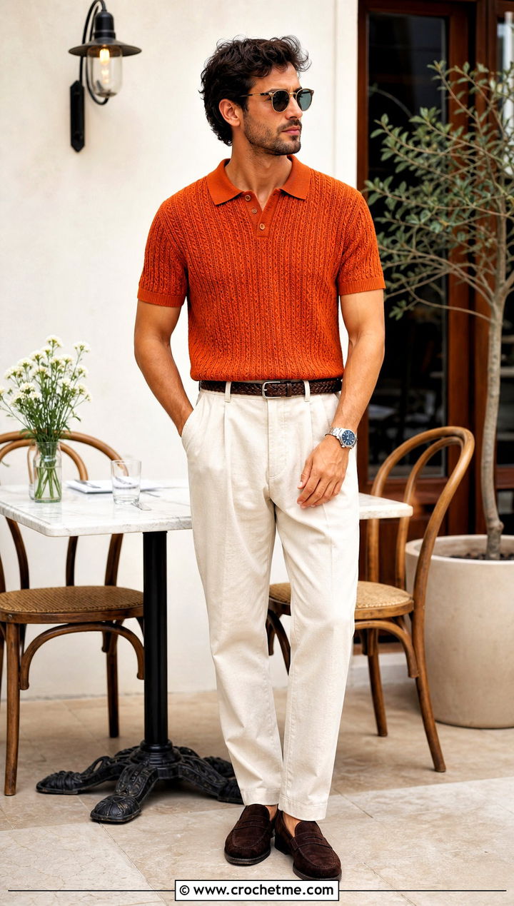 Cable Crochet Polo Shirt With Relaxed Chinos - 35 crochet man shirt outfit ideas