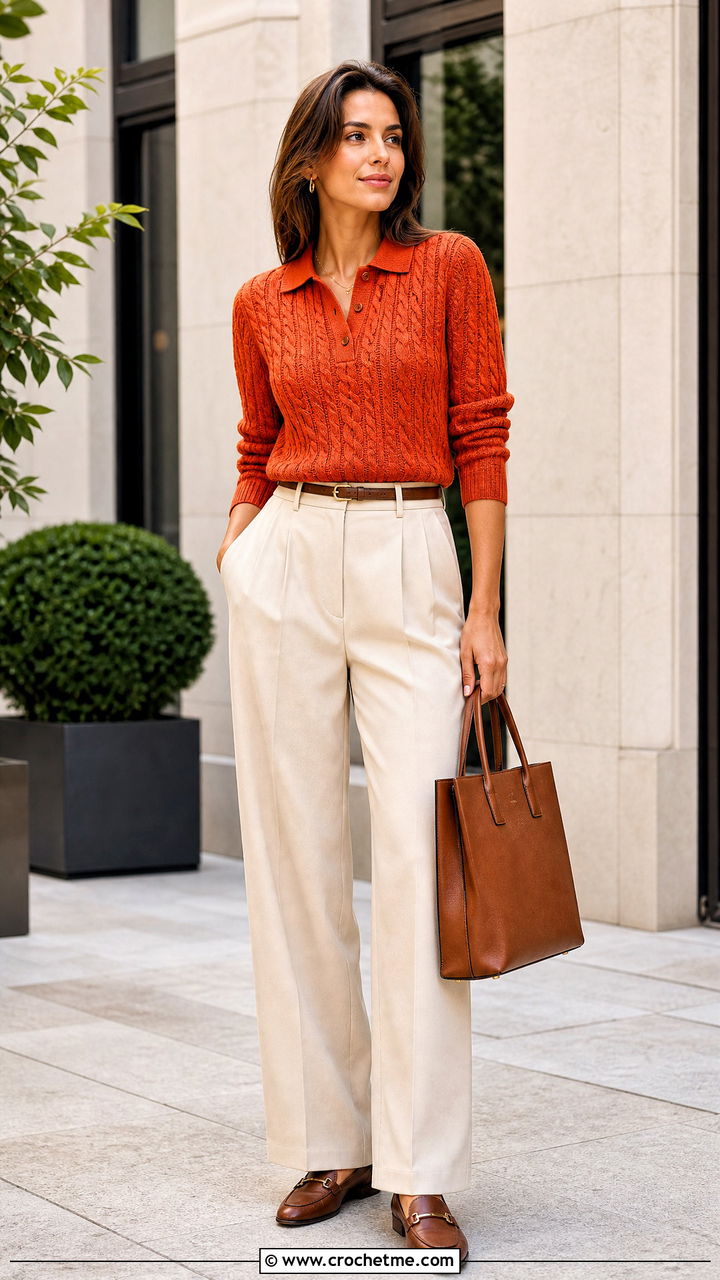Cable Crochet Polo Sweater With Pleated Trousers - 35 cable crochet sweater outfit ideas