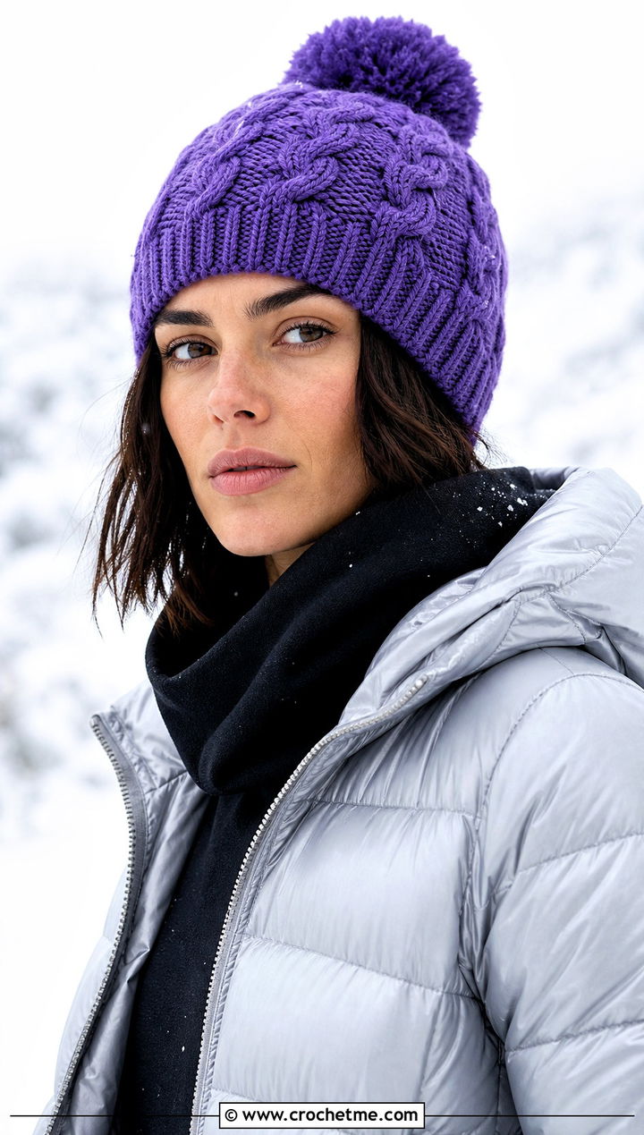 Cable Crochet Pom Pom Beanie With Puffer Jacket - 30 crochet beanie with pom pom outfit ideas