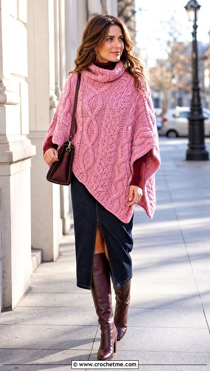 Cable Crochet Poncho With A Denim Midi Skirt - 15 Winter Crochet Poncho outfit ideas