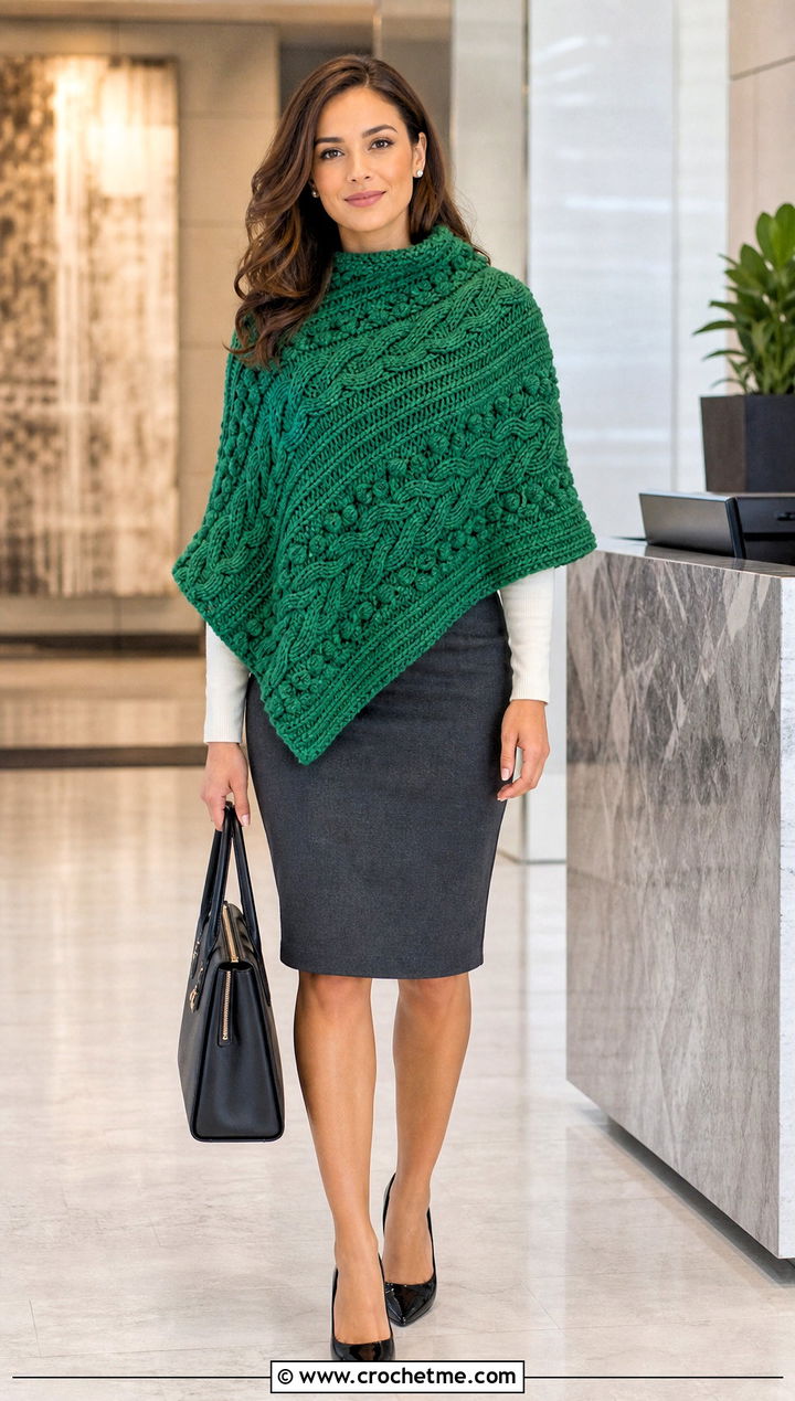 Cable Crochet Poncho With Pencil Skirt - 20 Crochet Fall Poncho outfit ideas