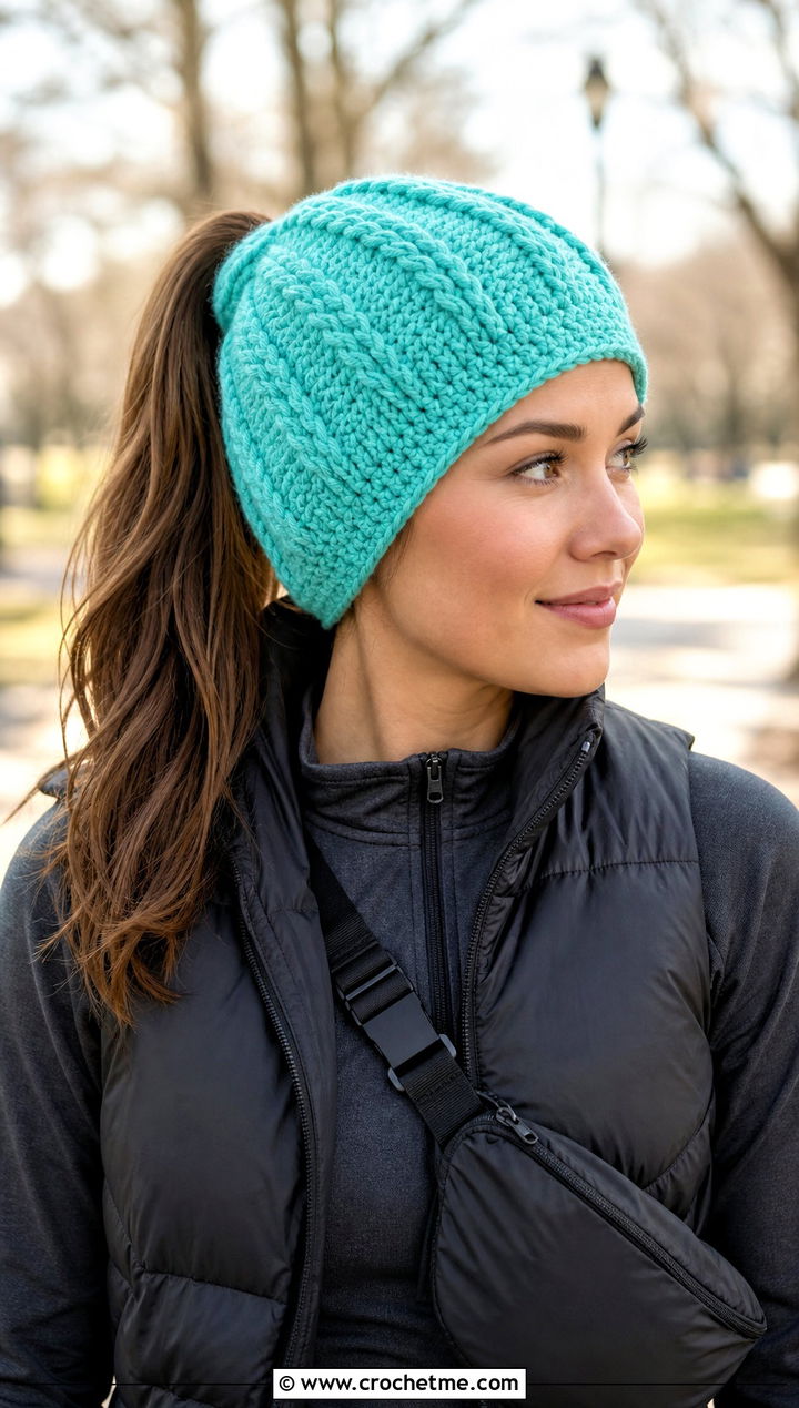 Cable Crochet Ponytail Beanie With Athleisure Set - 25 Cable Crochet Hat outfit ideas