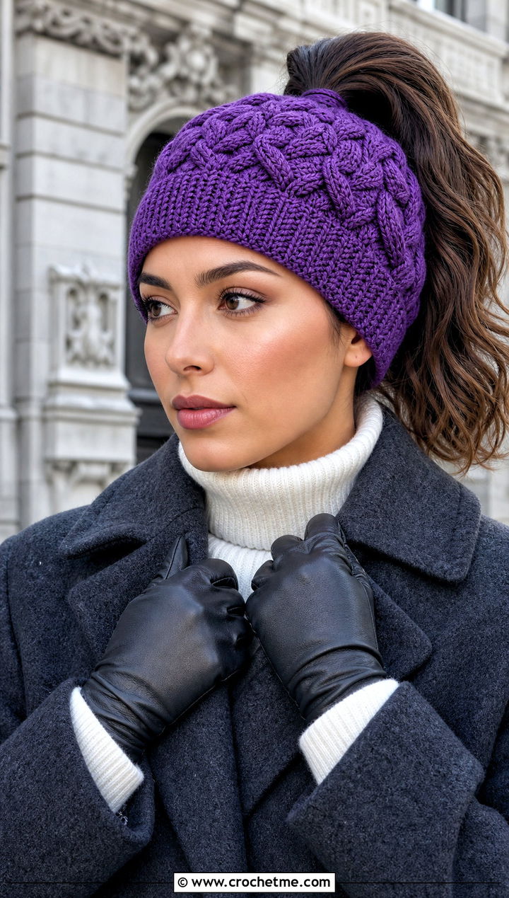 Cable Crochet Ponytail Beanie With Wool Coat And Tailored Trousers - 30 crochet beanie with ponytail hole outfit ideas