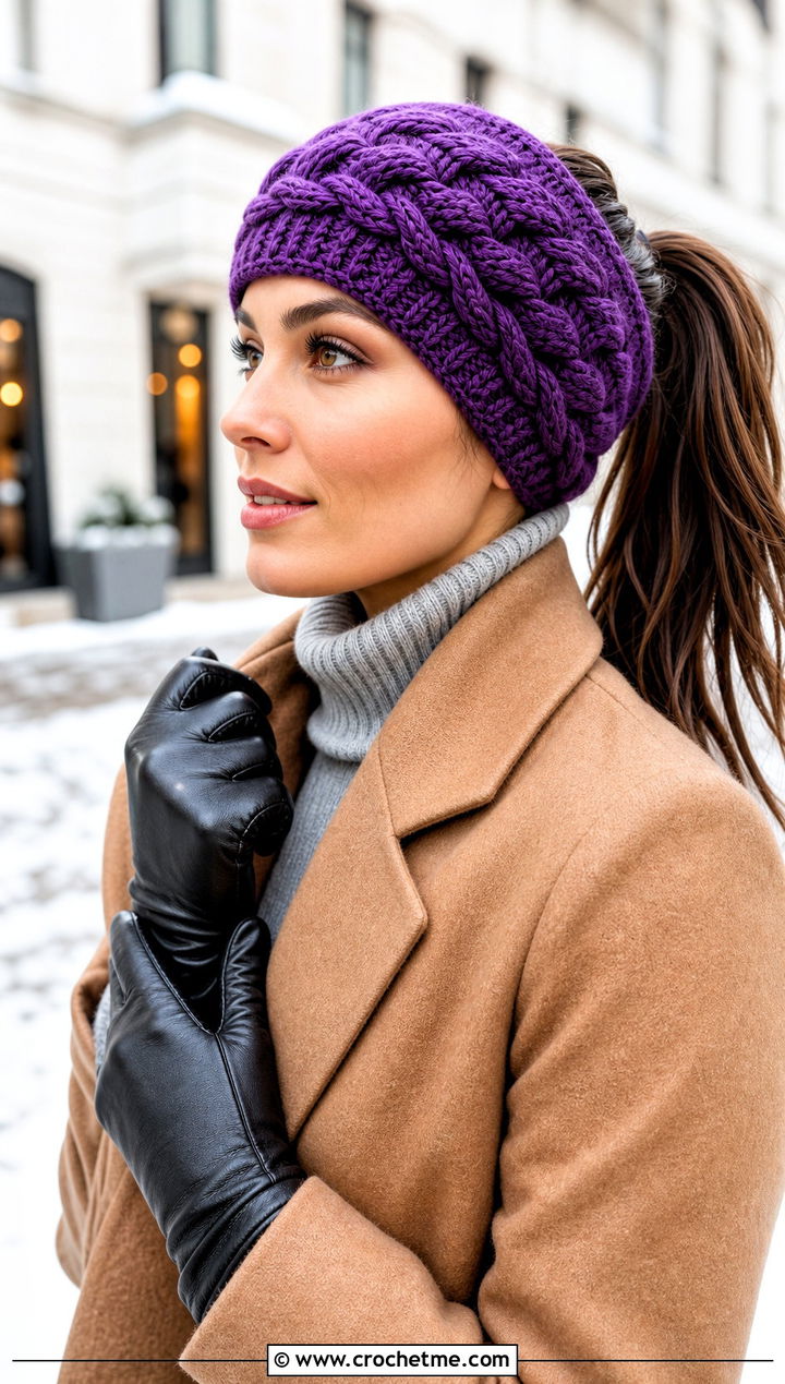 Cable Crochet Ponytail Headband With Wool Coat - 25 crochet headband with ponytail hole outfit ideas