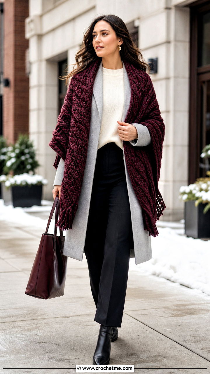 Cable Crochet Prayer Shawl With Wool Coat And Trousers - 35 easy crochet prayer shawls outfit ideas