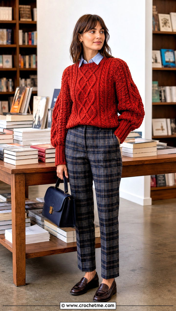 Cable Crochet Puff Sleeve Sweater With Plaid Trousers - 25 Crochet Puff Sleeve Sweater outfit ideas