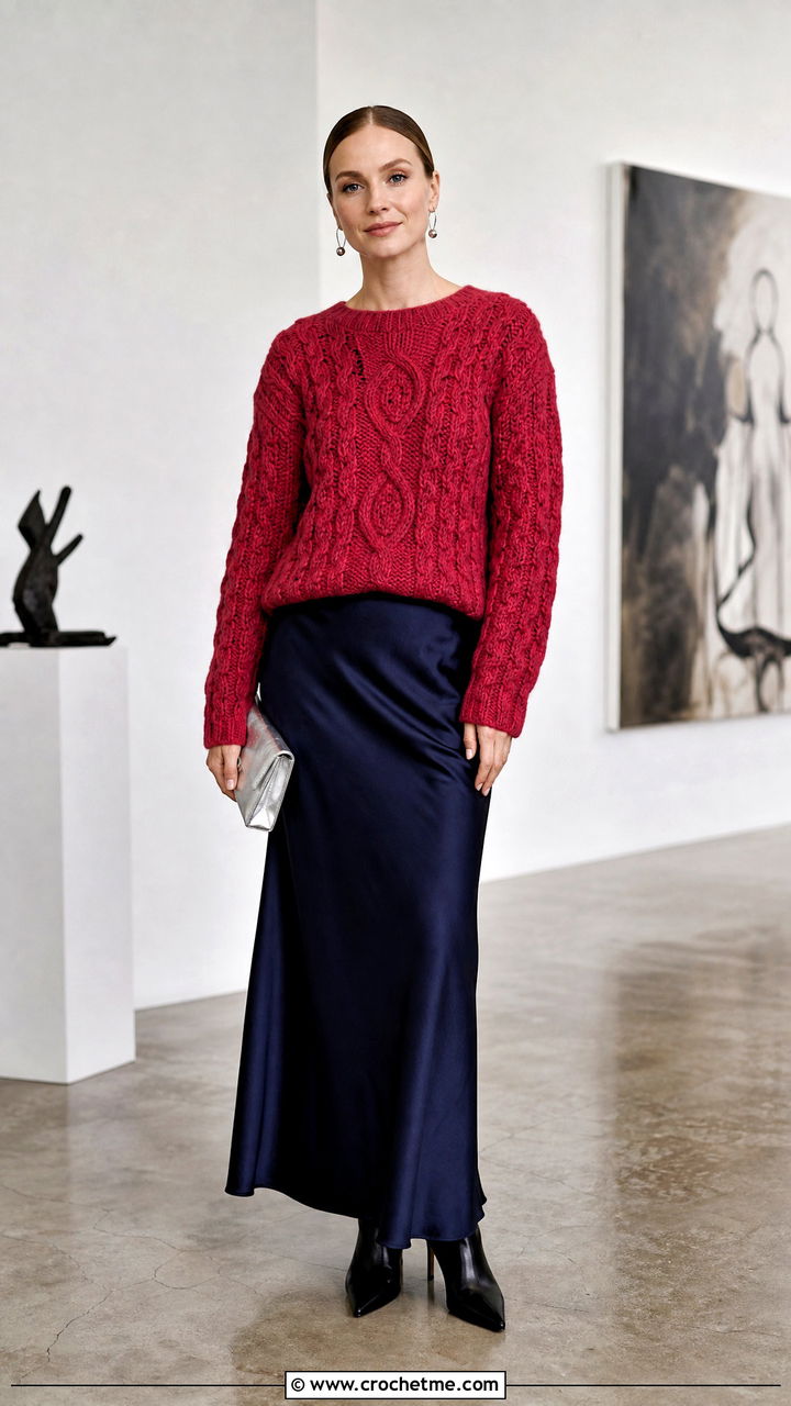 Cable Crochet Pullover With Satin Maxi Skirt - 35 crochet pullover outfit ideas