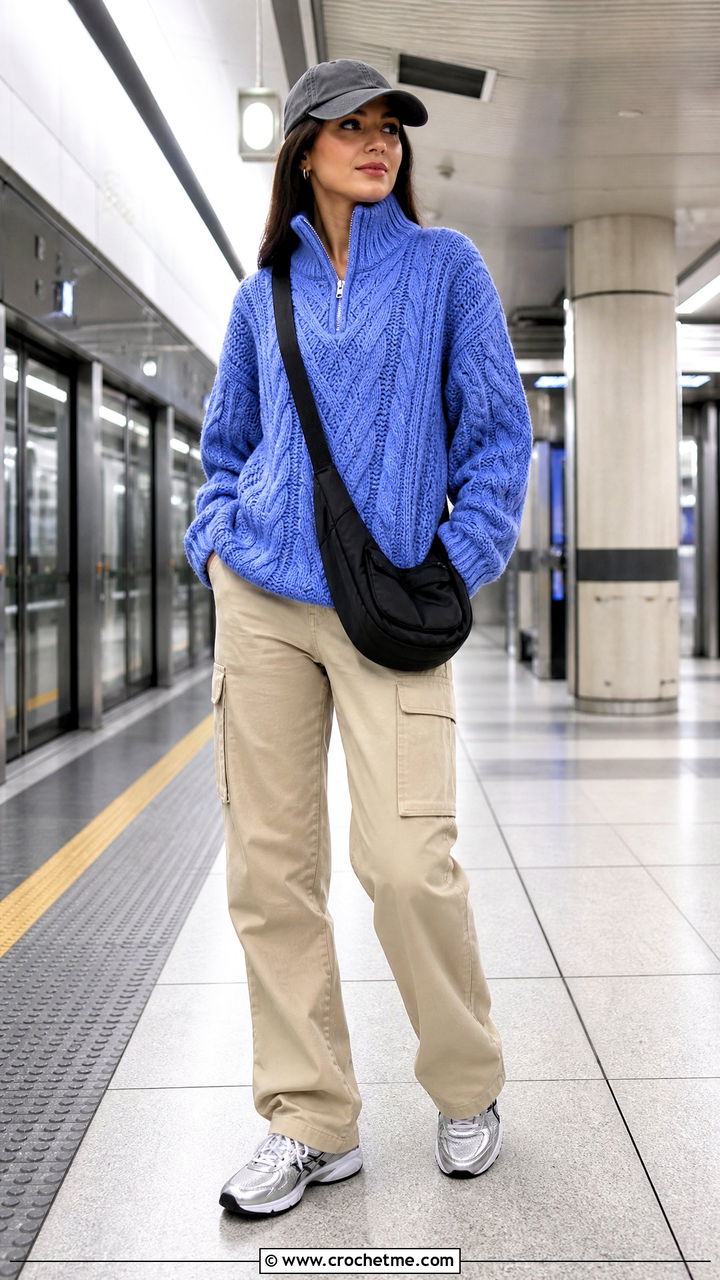 Cable Crochet Quarter Zip Sweater With Cargo Pants - 35 cable crochet sweater outfit ideas