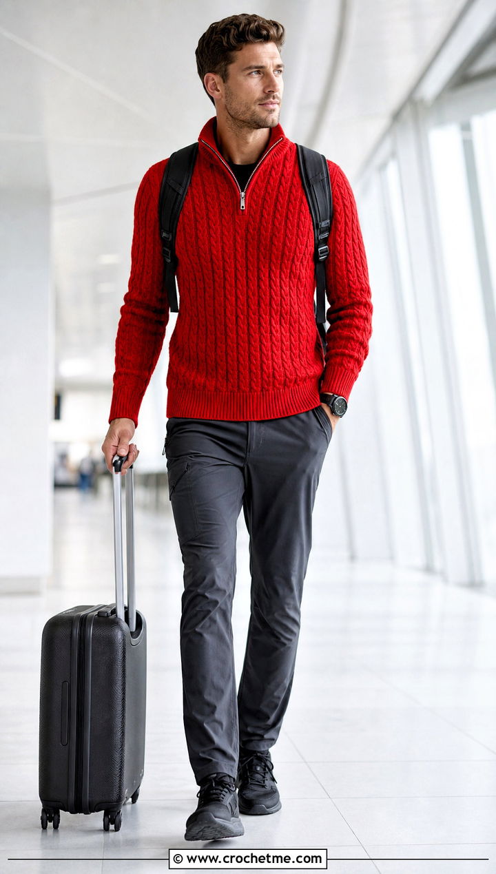 Cable Crochet Quarter Zip Sweater With Technical Pants - 15 Mens Cable Crochet Sweater outfit ideas