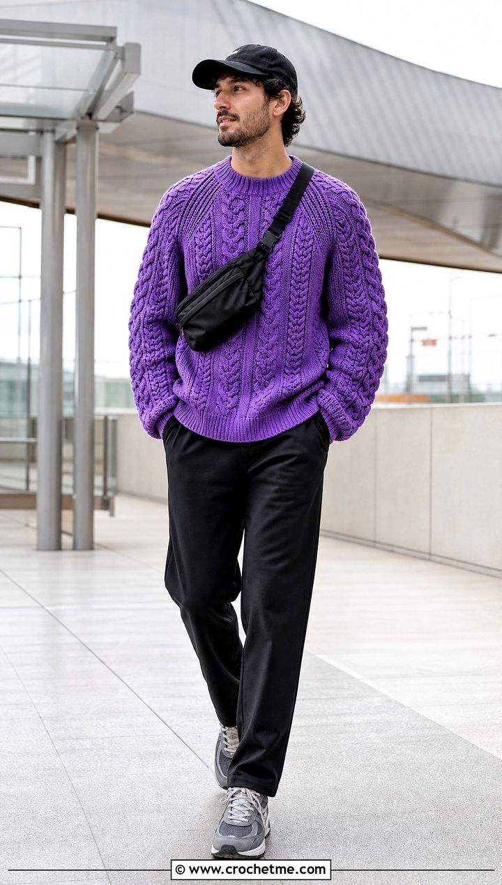 Cable Crochet Raglan Sweater With Track Pants - 15 Mens Cable Crochet Sweater outfit ideas