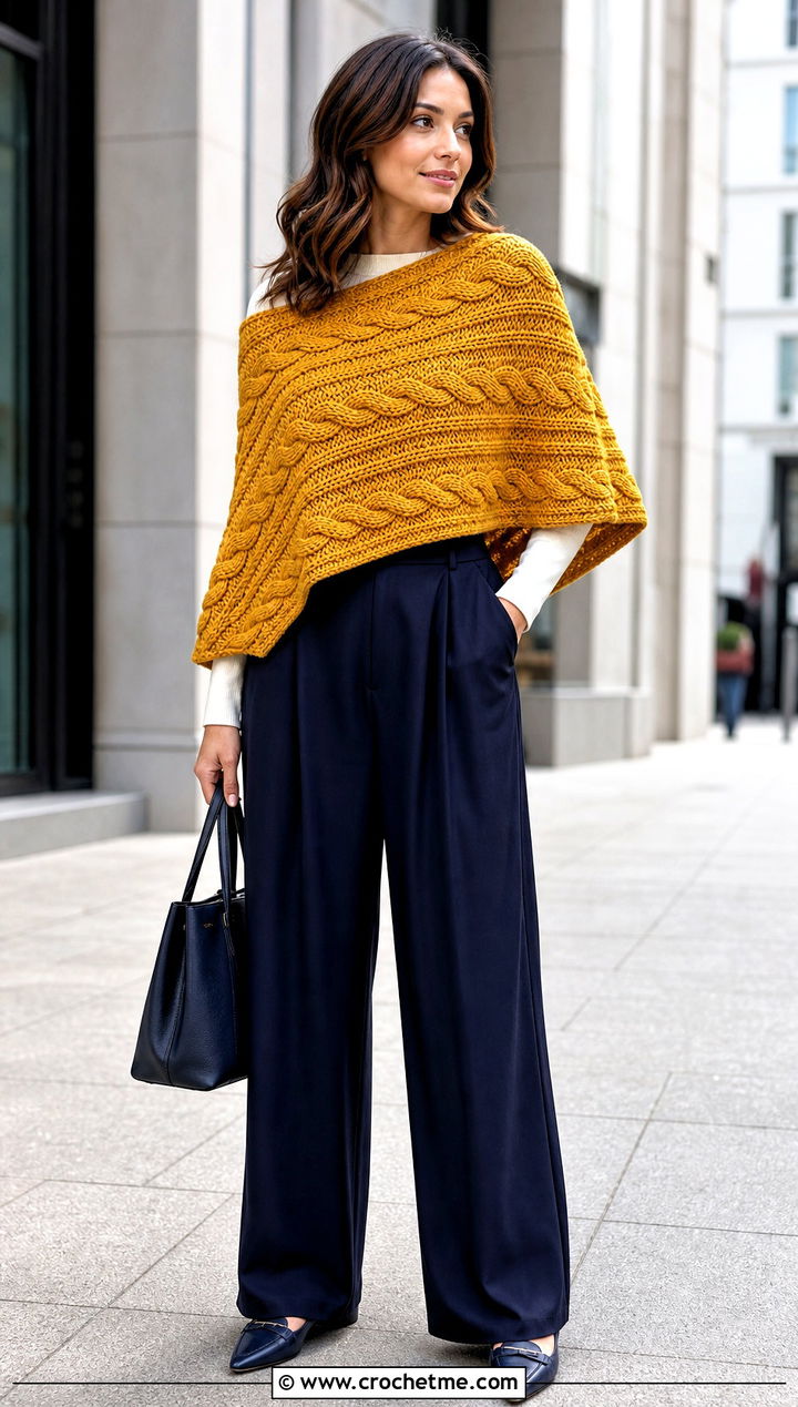 Cable Crochet Rectangle Poncho With Pleated Trousers - 30 crochet rectangle poncho outfit ideas