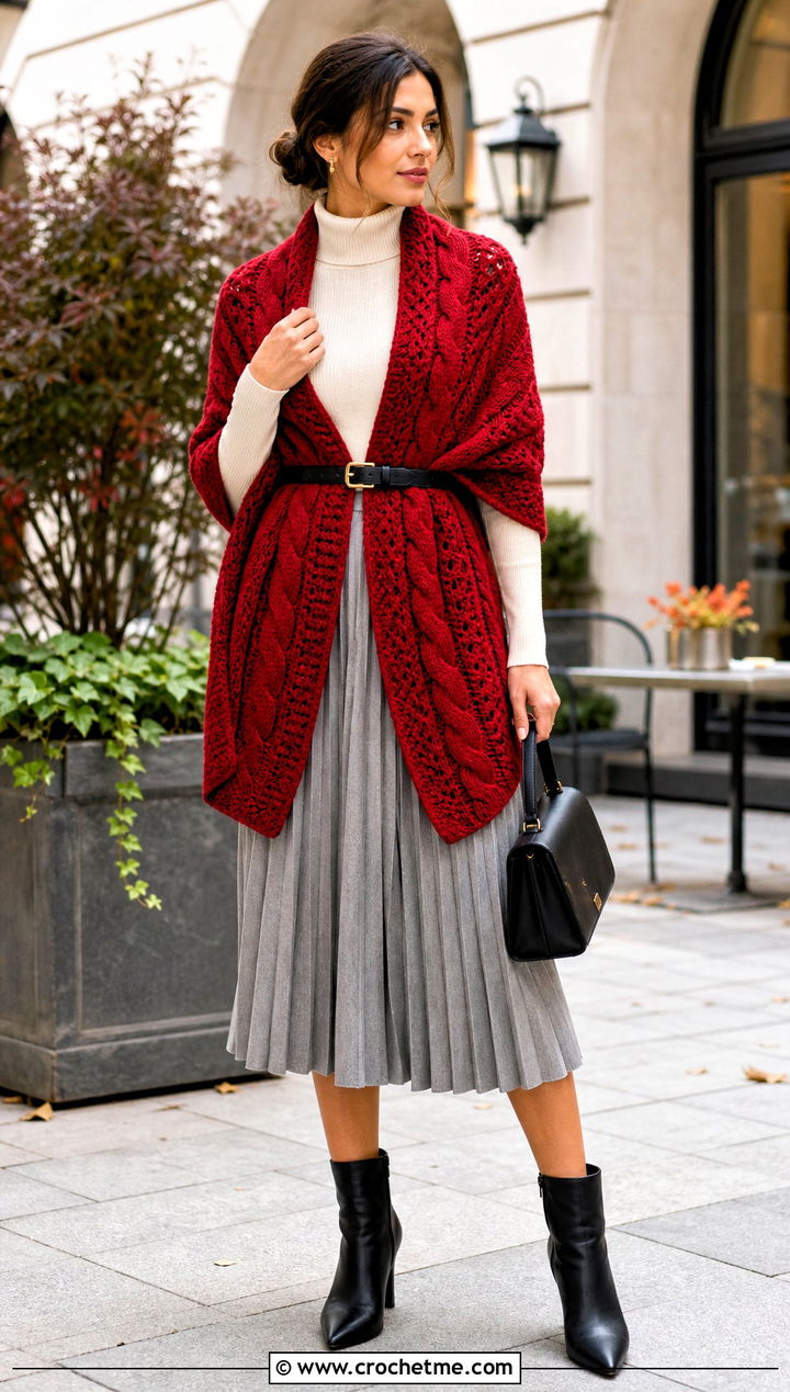 Cable Crochet Rectangle Shawl With Pleated Skirt - 35 Crochet Rectangle Shawl outfit ideas