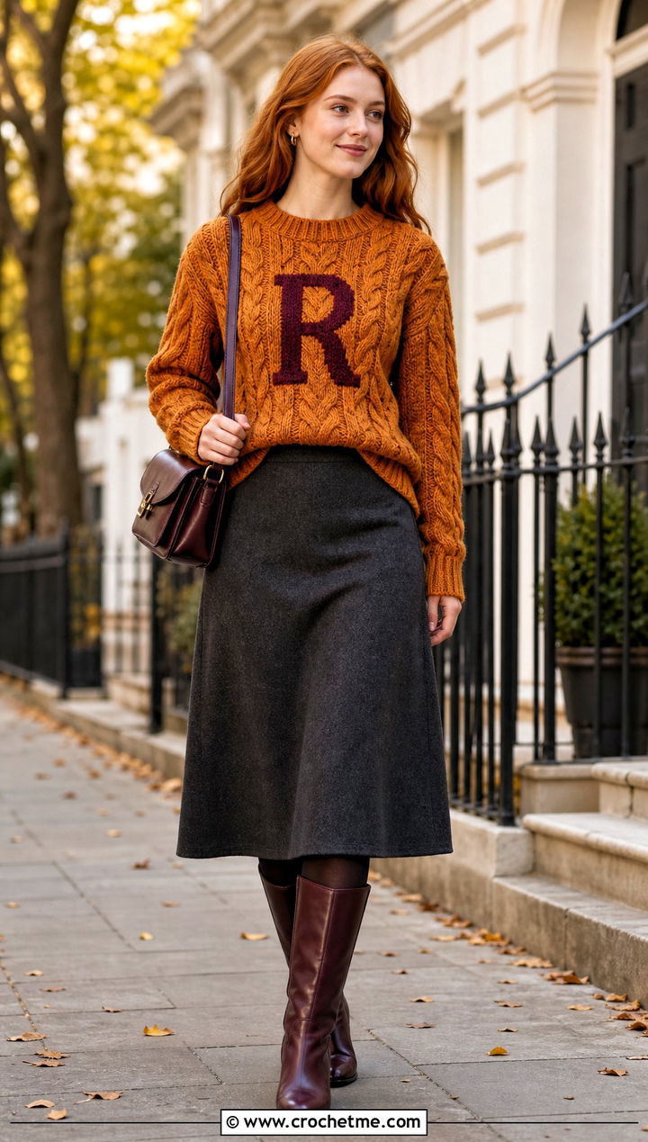 Cable Crochet Ron Weasley Sweater With Wool Midi Skirt - 25 Crochet Ron Weasley Sweater outfit ideas