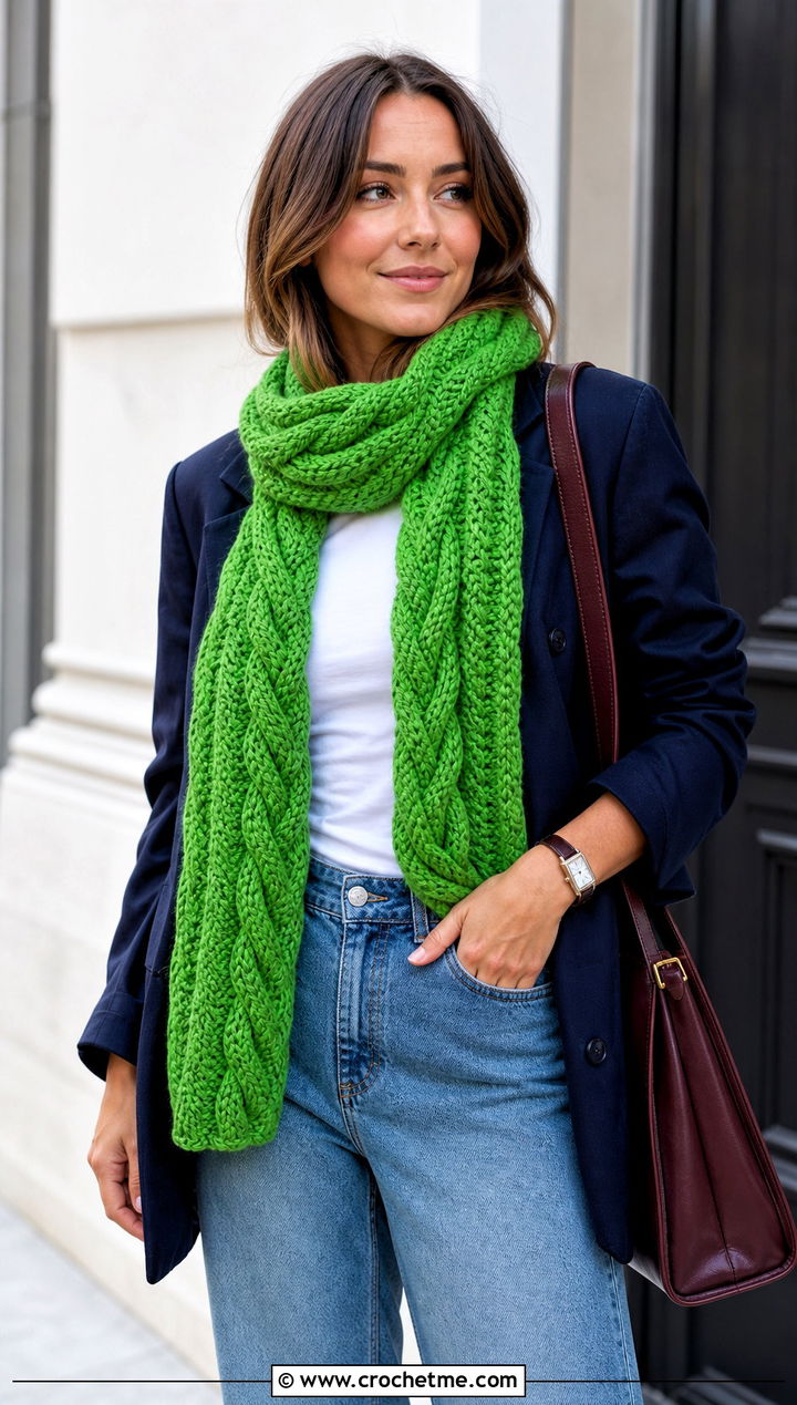 Cable Crochet Scarf With Blazer And Jeans - 15 Textured Crochet Scarf Design outfit ideas