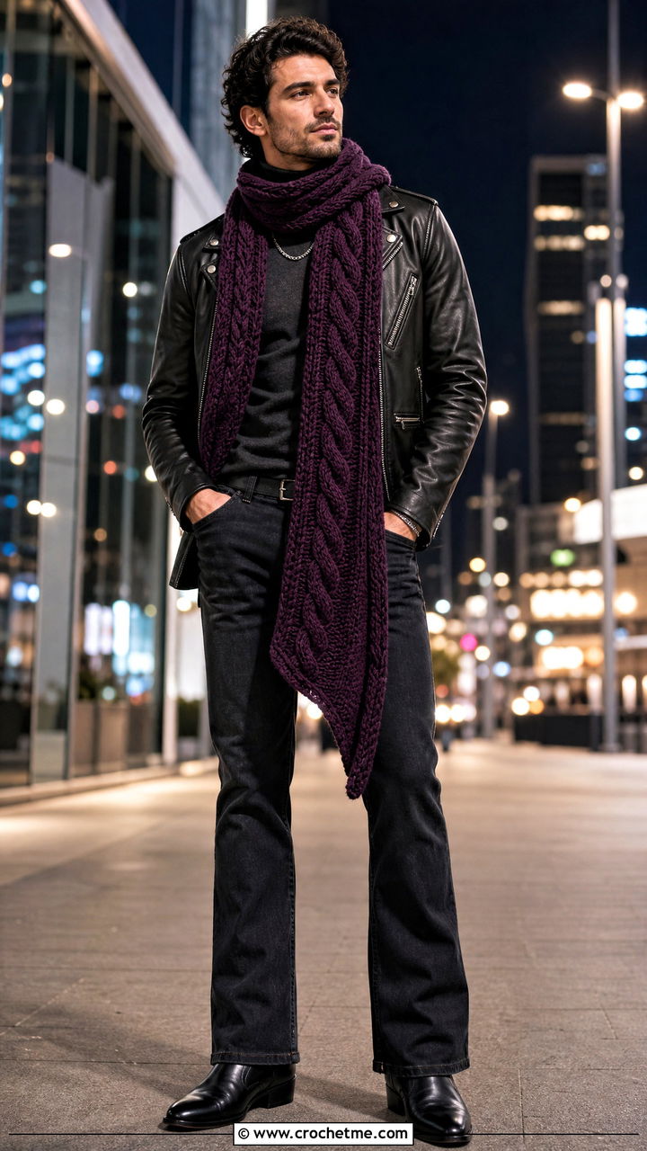 Cable Crochet Scarf With Leather Jacket - 35 men's crochet scarf outfit ideas
