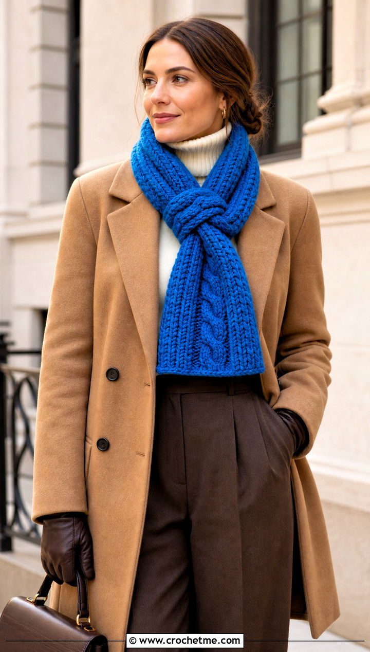 Cable Crochet Scarf With Peacoat - 15 Crochet Unisex Scarf outfit ideas