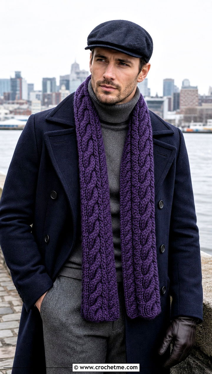 Cable Crochet Scarf With Peacoat - 30 male crochet scarf outfit ideas