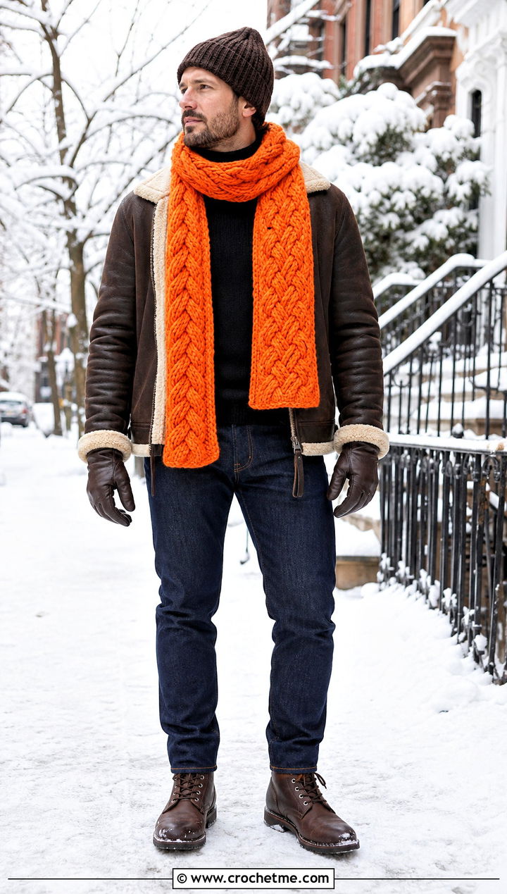 Cable Crochet Scarf With Shearling Jacket - 35 men crochet scarf outfit ideas
