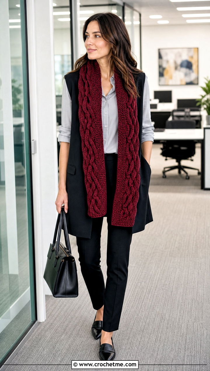 Cable Crochet Scarf With Tailored Vest - 30 autumn crochet scarf outfit ideas