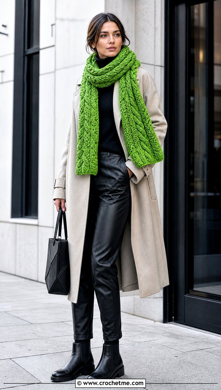 Cable Crochet Scarf With Trench Coat And Leather Pants - 35 Winter Crochet Scarfs For Women outfit ideas