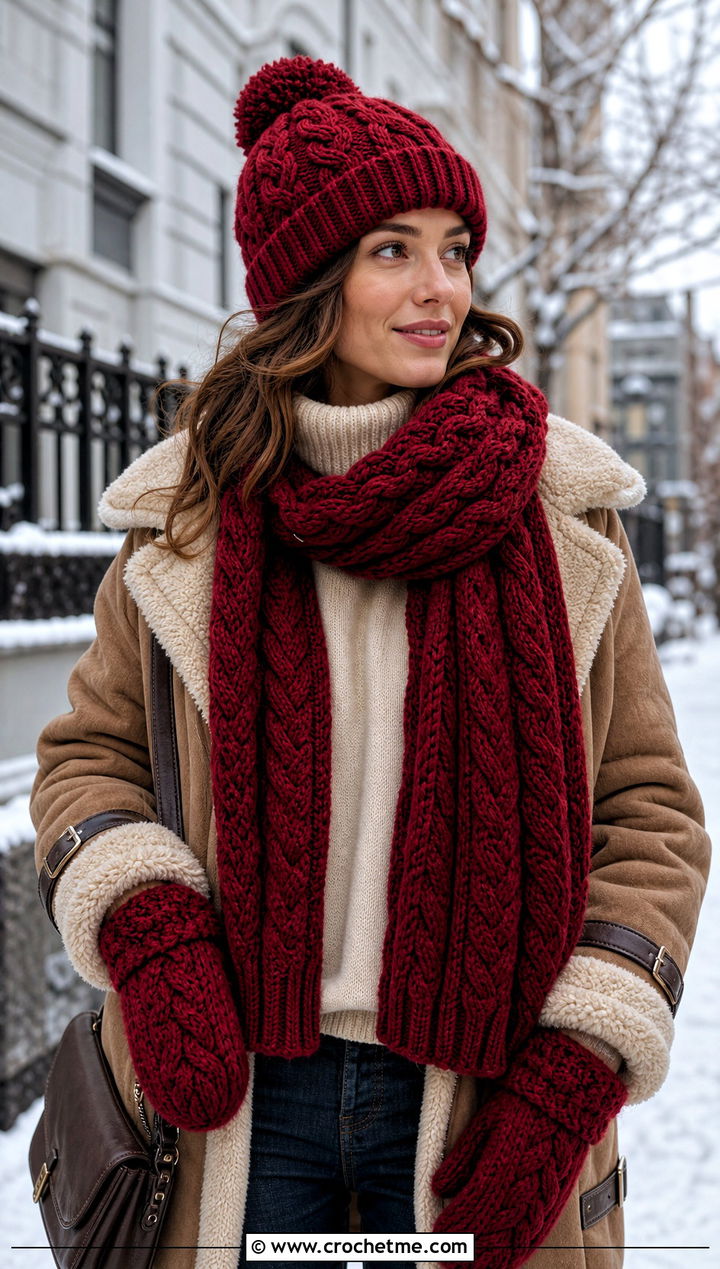 Cable Crochet Set With Shearling Jacket - 20 Crochet Hat Mittens Scarf Set outfit ideas