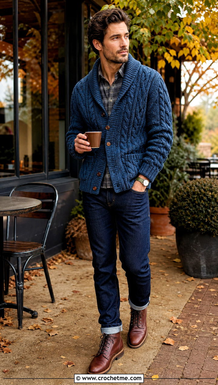 Cable Crochet Shawl Collar Cardigan With Flannel Shirt - 20 Mens Crochet Shawl Collar Cardigan outfit ideas