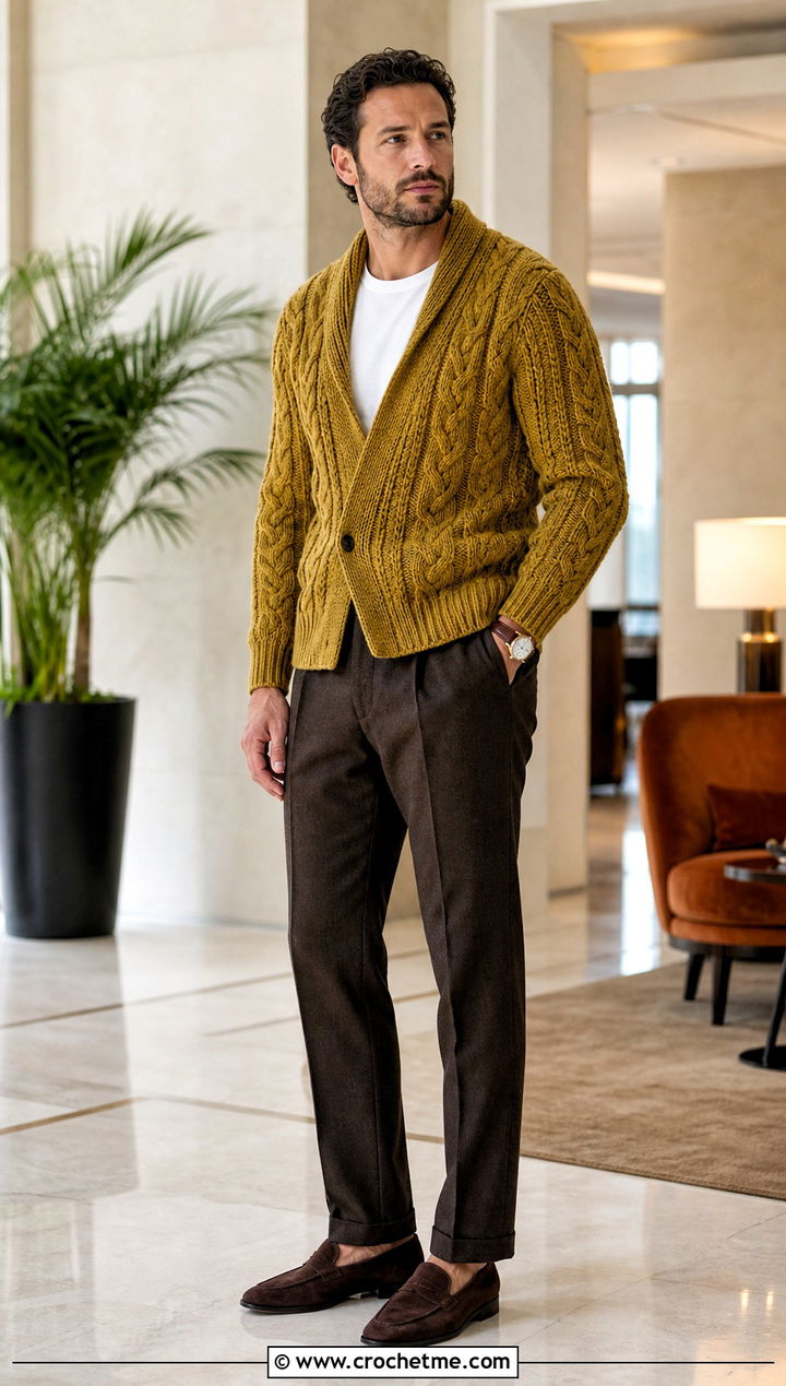 Cable Crochet Shawl Collar Sweater With Flannel Trousers - 15 Mens Cable Crochet Sweater outfit ideas