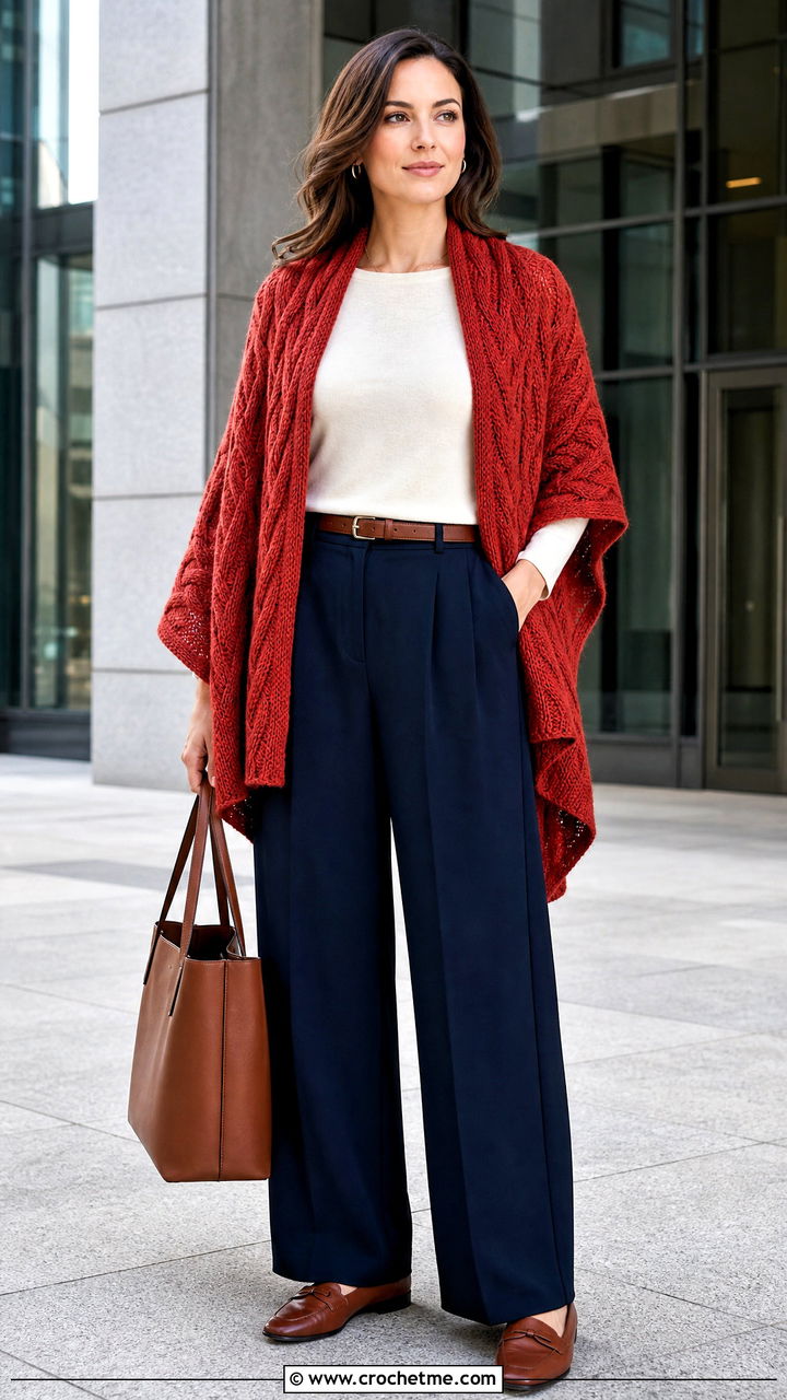 Cable Crochet Shawl With Pleated Trousers - 35 easy simple crochet shawl outfit ideas