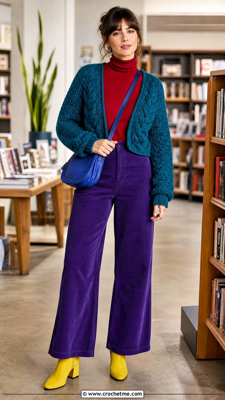 Cable Crochet Shrug With Corduroy Pants - 35 crochet shrug outfit ideas