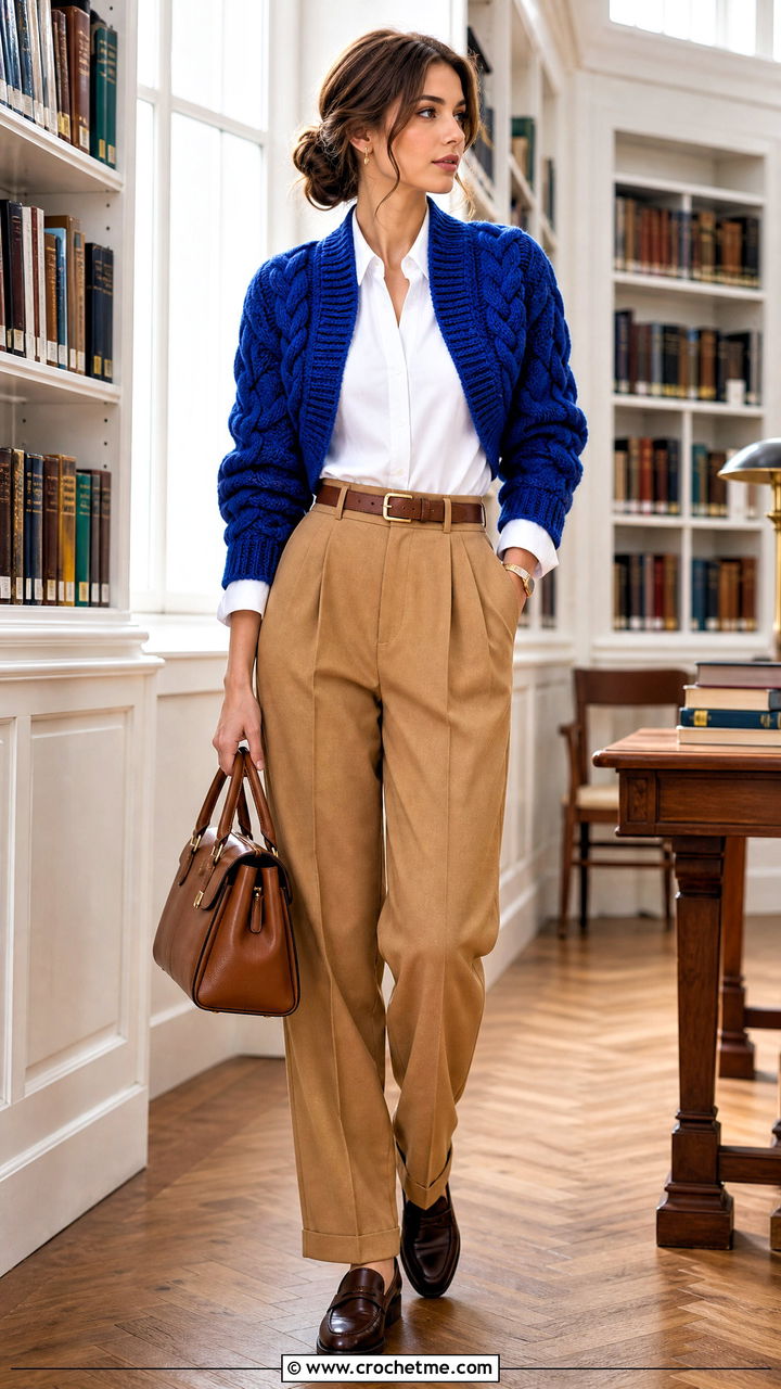 Cable Crochet Shrug With Oxford Shirt and Pleated Trousers - 35 crochet shrugs outfit ideas