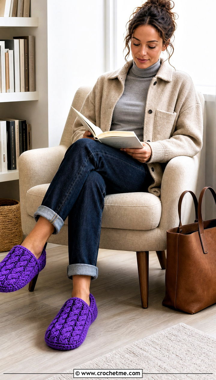 Cable Crochet Slippers With Jeans And Turtleneck - 25 Quick Crochet Slippers outfit ideas