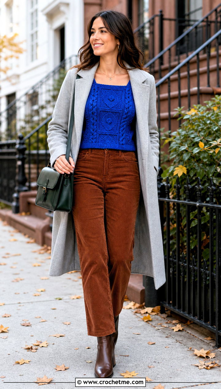 Cable Crochet Square Neck Top With Corduroy Pants - 35 crochet square neck top outfit ideas