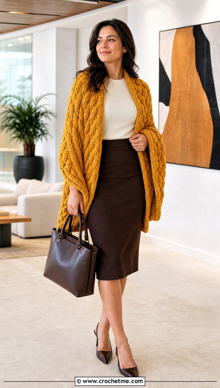 Cable Crochet Sweater Blanket With Pencil Skirt - 25 crochet sweater blanket outfit ideas