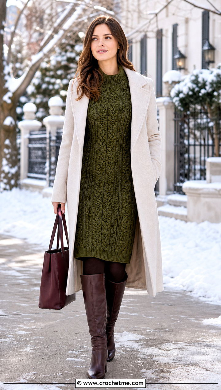 Cable Crochet Sweater Dress With Riding Boots - 35 long sleeve crochet dress outfit ideas